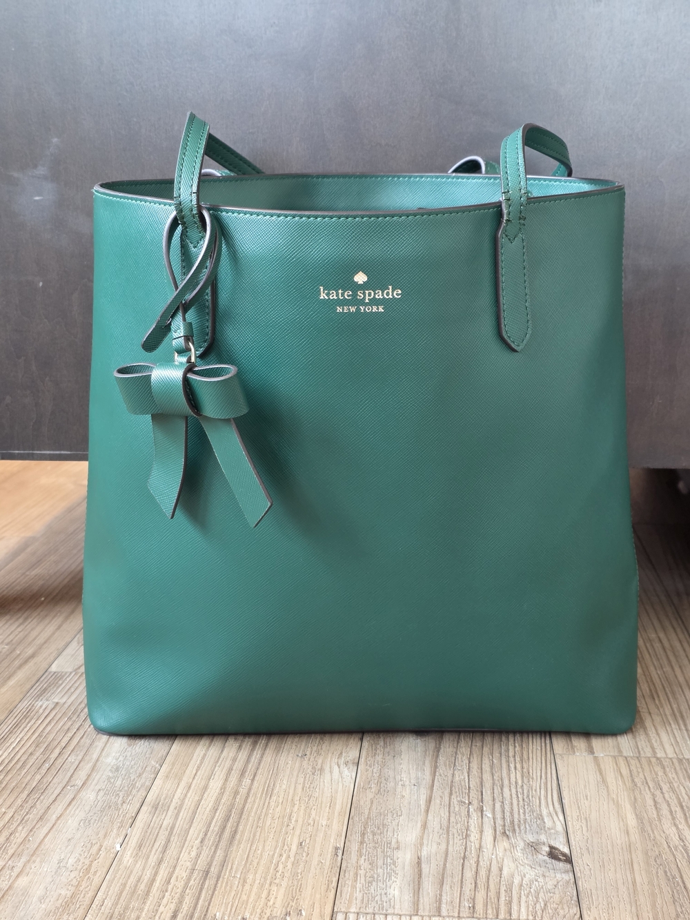 kate spade Deep Jade/Emerald Green Saffiano Leather Tote with Bow Charm